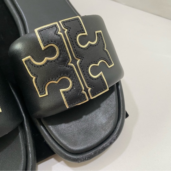 NEW Tory Burch Ines Slide Sandals Black Leather Double-T Logo - Picture 7 of 14